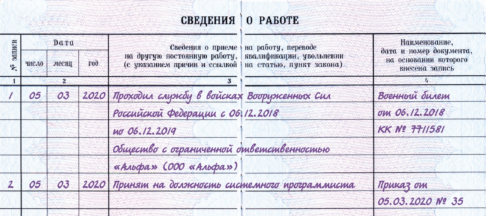 Запись в трудовой в связи с призывом на военную службу образец